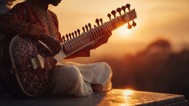 A person in traditional garb plays a sitar at sunset. Golden light illuminates the instrument and the surrounding landscape