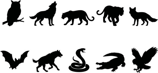Obraz premium Black silhouettes of various wild animals on white background
