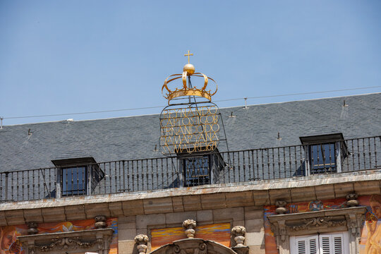Scenic of Plaza Mayor Square in Madrid, Spain, sunny day with blue sky.