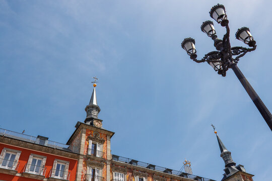 Scenic of Plaza Mayor Square in Madrid, Spain, sunny day with blue sky.