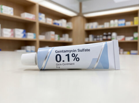 Gentamycin Sulfate antibiotic ointment tube on a wooden clinical desk