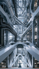 Obraz premium Intricate industrial structure with metallic pipes and beams creating a dynamic view.