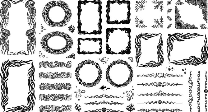 Nautical ocean themed decorative border frames vector set with hand drawn jellyfish sea waves coral reefs and seashell line art dividers