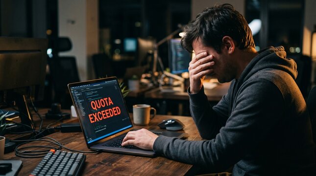 Developer frustrated by quota exceeded error on laptop screen