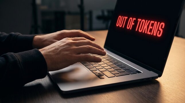 Out of tokens message on laptop with hands typing