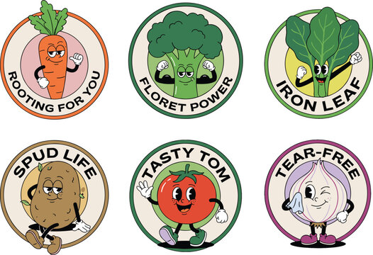 Set of Cute Cartoon Vegetable Characters with Funny Puns in Circular Badges for Healthy Eating Stickers and Graphic Design