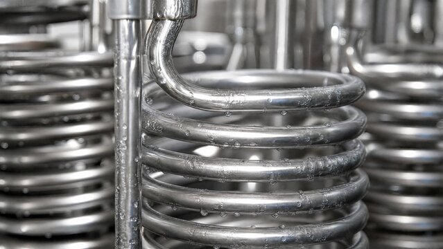 Close-up of shiny stainless steel coils with tiny water droplets.