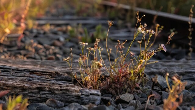 Wildflowers growing between weathered railway sleepers at golden hour.