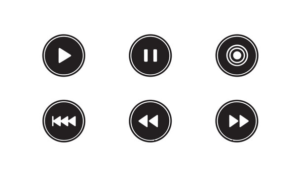 Six dark circular media control buttons for playback management in web and mobile designs.