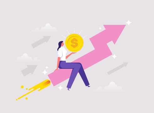 Financial growth concept, increase investment earning or stock market rising up, businesswoman with money coin riding growth arrow, symbolizing significant business growth and success