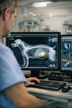 A veterinarian sitting at a computer desk and looking at an x-ray of a dog's abdomen.