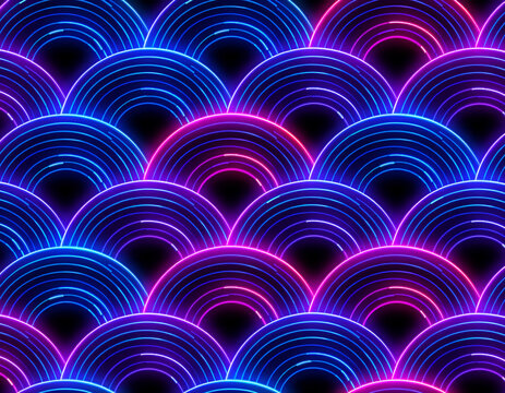 Glowing neon Seigaiha wave pattern background in vibrant blue and magenta