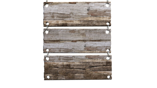 Three Blank Weathered Wooden Hanging Signs on Transparent Background, Rustic Blank Timber Planks