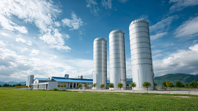 Large grain silos standing beside agricultural facility in open field