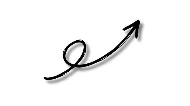 Hand drawn curved arrow transparent PNG, isolated upward doodle arrow clipart for direction, growth, motion design