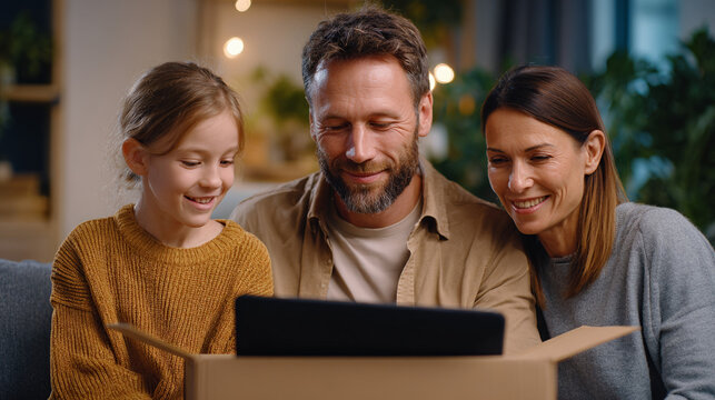 Family opening package together while sitting on living room sofa