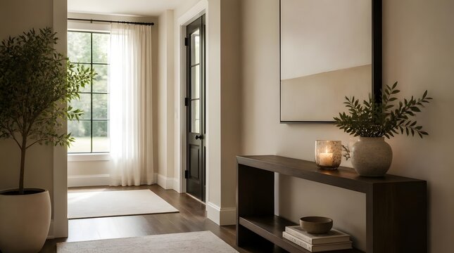Modern interior hallway with minimalist console table and natural light