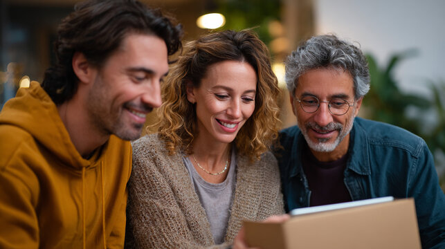 Three adults smiling while examining package in indoor space