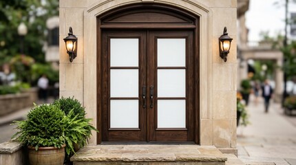 Fototapeta premium Elegant wooden double doors city entrance architectural photography urban landscape eye-level perspective