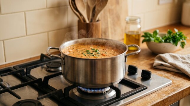 Cooking soup on a stove in a kitchen with wooden utensils, a bowl of herbs, and a jar of oil nearby