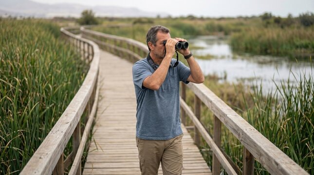 Hombre mayor observando aves con binoculares en la pasarela de madera en un Humedal