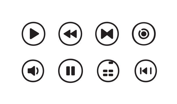 Set of round media player icons with play pause rewind fast forward and volume symbols.