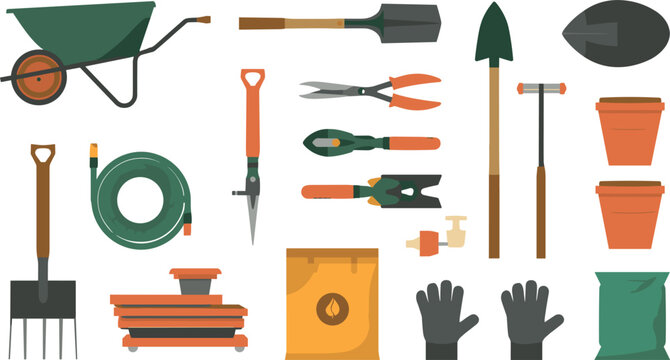Set of garden tools vector illustration with wheelbarrow shovel garden hose flower pots gloves rake shears and agriculture equipment icons isolated on white background