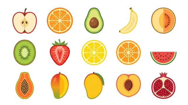 Collection of Fresh Fruits and Slices Isolated on White Background.