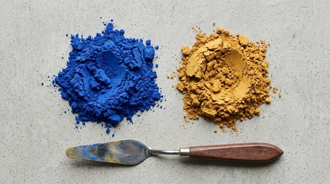 Pigmento art&iacute;stico en polvo azul cobalto y ocre con esp&aacute;tula