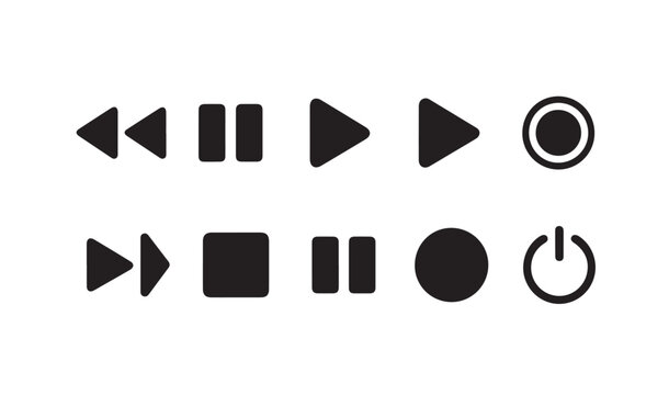Collection of black media player controls like play pause rewind fast forward stop and power.