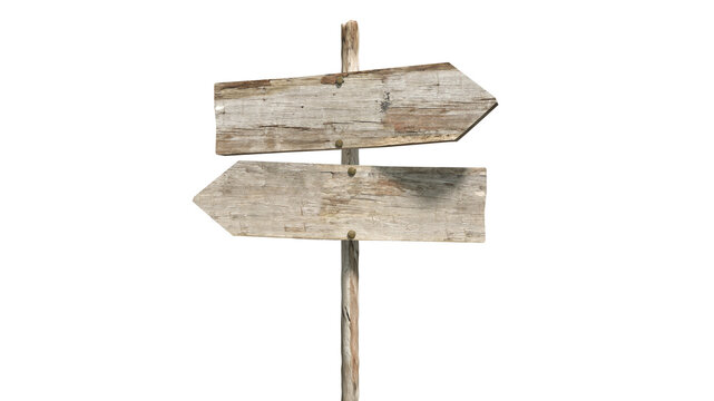 Two Blank Wooden Arrow Signs Pointing Opposite Directions on Post with Transparent Background, Rustic Weathered Directional Planks