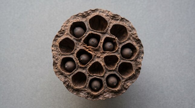 Una vaina de semilla de loto seca mostrando sus alv&eacute;olos geom&eacute;tricos