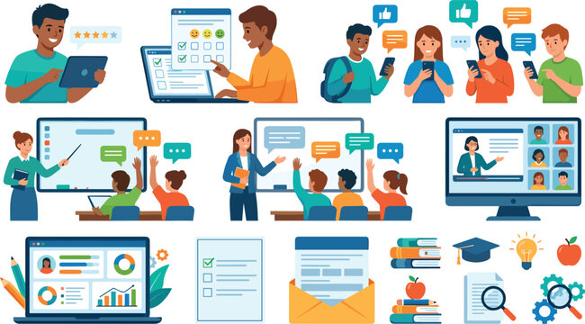 Online education feedback and digital classroom learning vector set with student characters evaluation surveys interactive dashboards and distance training icons