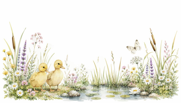Whimsical Watercolor Animal Garden Border Collection on White Background