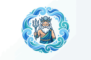 Poseidon Sea God with Trident Inside Circular Blue Ocean Waves © tere