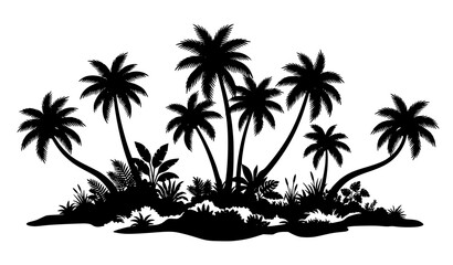 Tropical palm silhouette island scene with lush vegetation © Shamim