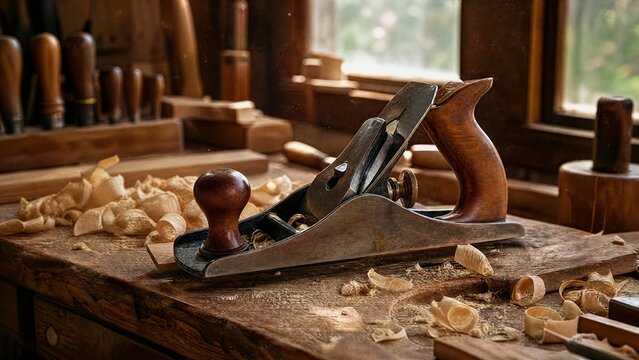 Woodworking jointer plane on rustic bench surrounded by fresh wood shavings.