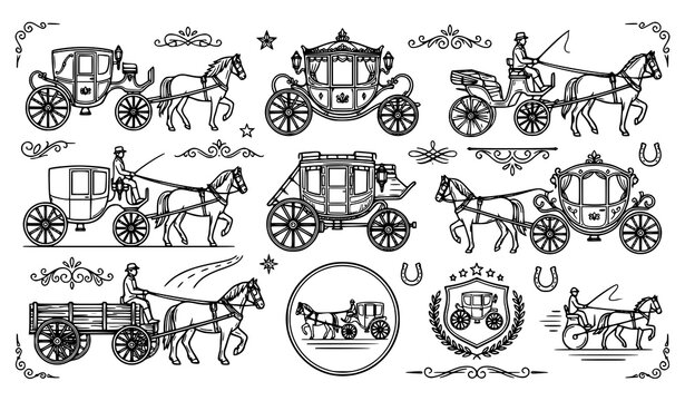 Vintage horse drawn carriages and equestrian elements collection in black and white