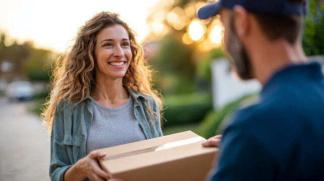Woman receiving package from delivery driver on suburban street