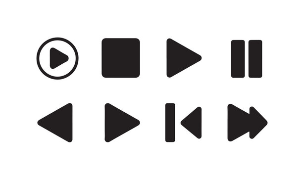 Solid black media player icons for play pause skip to next previous and stop functions.