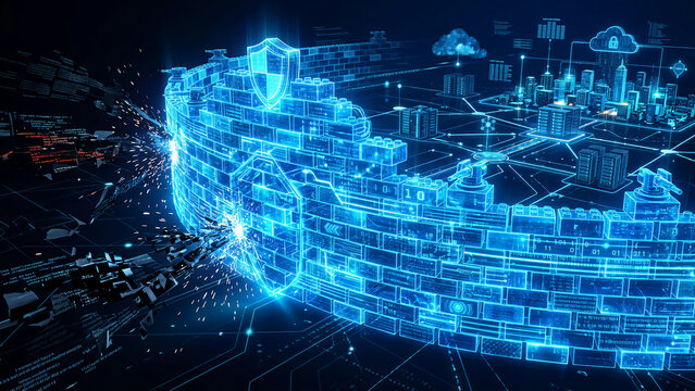 A futuristic digital network with glowing blue connections and data exchange.