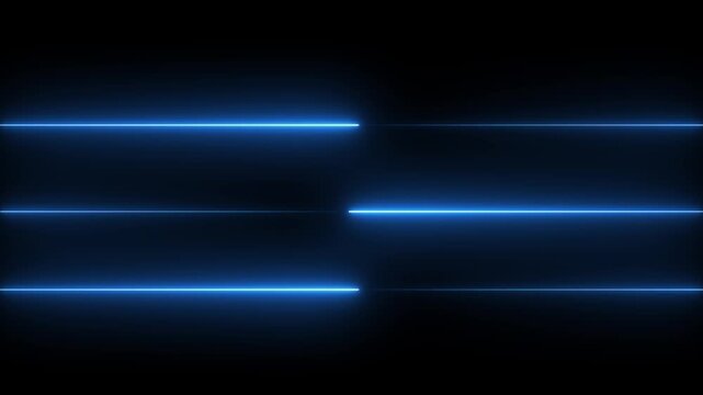 Glowing blue neon horizontal lines animation on black background, futuristic speed line loop