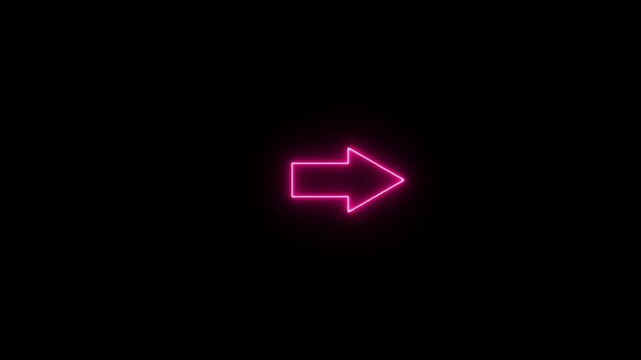 Glowing pink neon right arrow animation on black background, futuristic direction pointer loop
