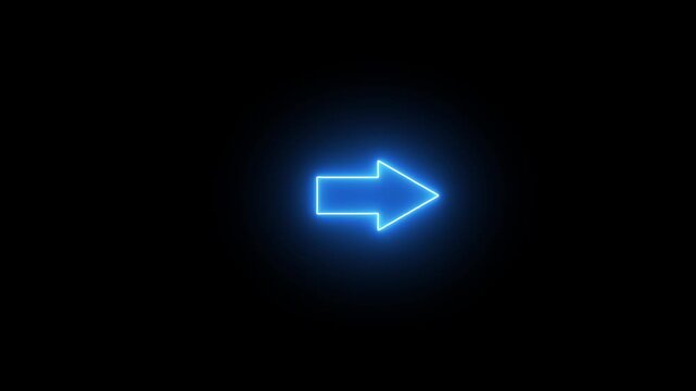 Glowing blue neon right arrow animation on black background, futuristic direction pointer loop