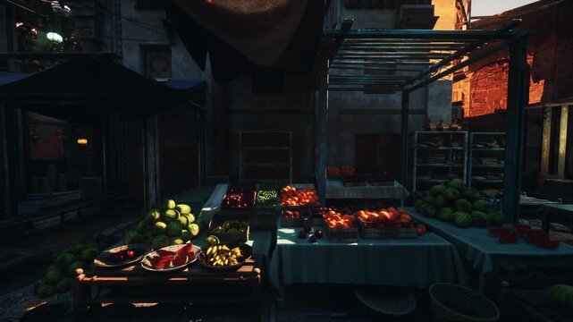 night market fruit stall bathed in warm low light, crates of tomatoes and peppers arranged on wooden table under canvas canopy along cobblestone alley moody
