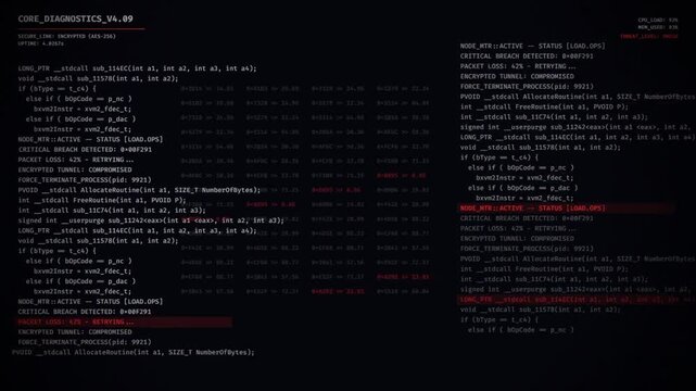 Critical Error Alert Screen with Glitchy Programming Code and System Diagnostics for Cyber Security Breach 4k video animation seamless loop