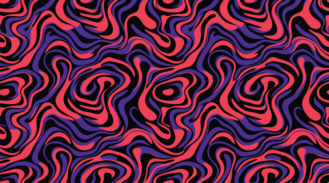 Seamless pattern with wavy swirling lines in pink and purple on a black background, creating a psychedelic, liquid marbling effect, for fabric and print