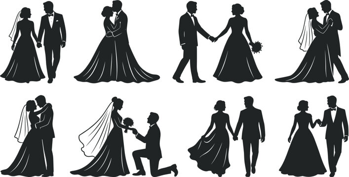 Collection of eight black silhouettes of wedding couples in various poses including dancing, walking, and proposing on a white background