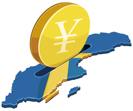 Vector artwork symbolizing foreign investment, Asian trade partnerships, international commerce, and currency exchange inside the map of Sweden, (cut out)