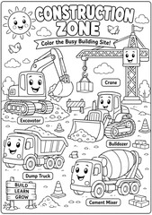 Obraz premium Construction Zone Coloring Page with Cute Vehicles